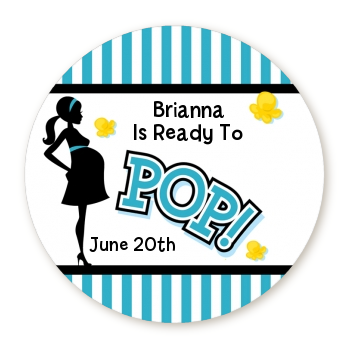 Ready To Pop Teal - Round Personalized Baby Shower Sticker Labels