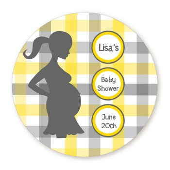 Ready To Pop Yellow and Gray Plaid - Round Personalized Baby Shower Sticker Labels