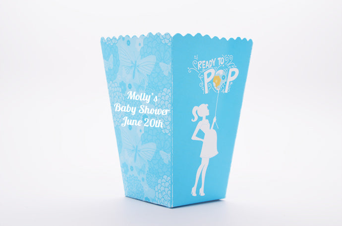 She's Ready To Pop Blue - Personalized Baby Shower Popcorn Boxes