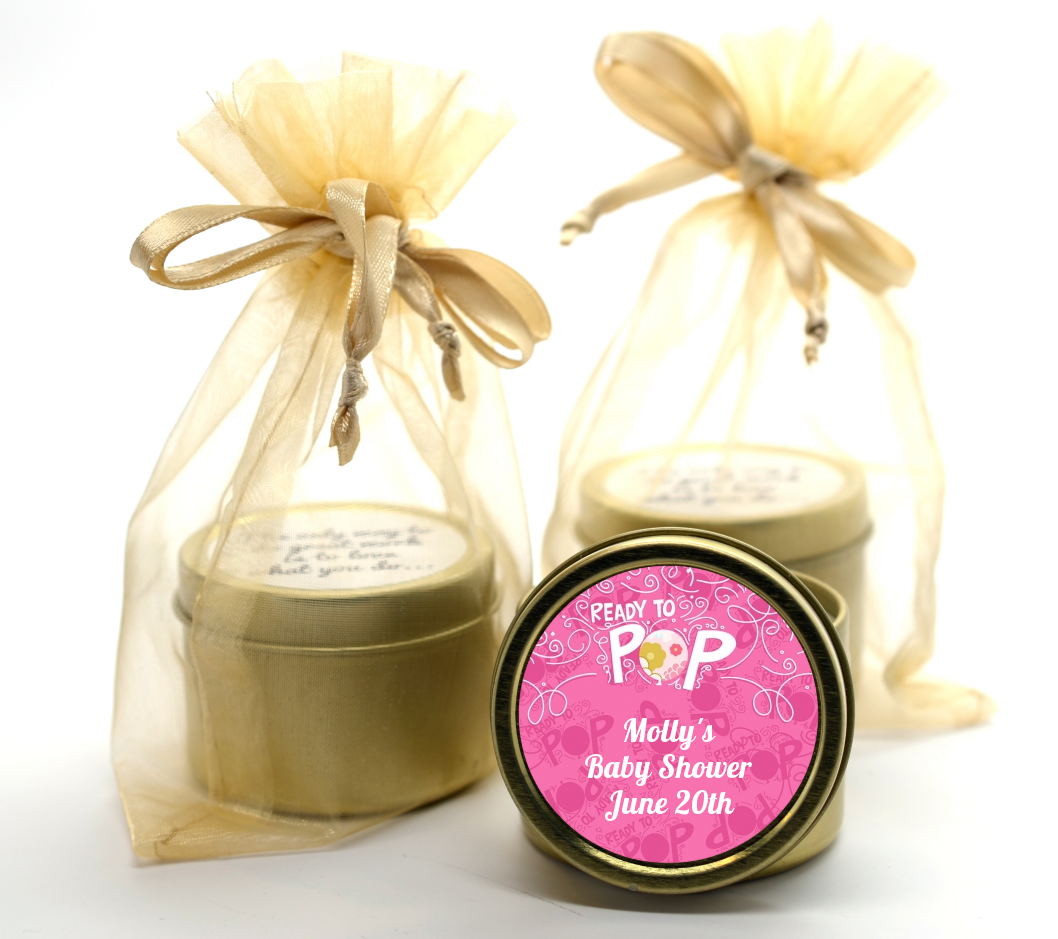 She's Ready To Pop Pink - Baby Shower Gold Tin Candle Favors